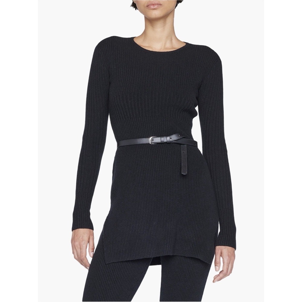 FRAME Cashmere Blend Tunic Sweater Size XS Black Ribbed Long Sleeve Split $698
